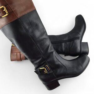 Bandolino Women's Black Brown Tall Riding Heeled Boots Buckle Straps Size 7M
